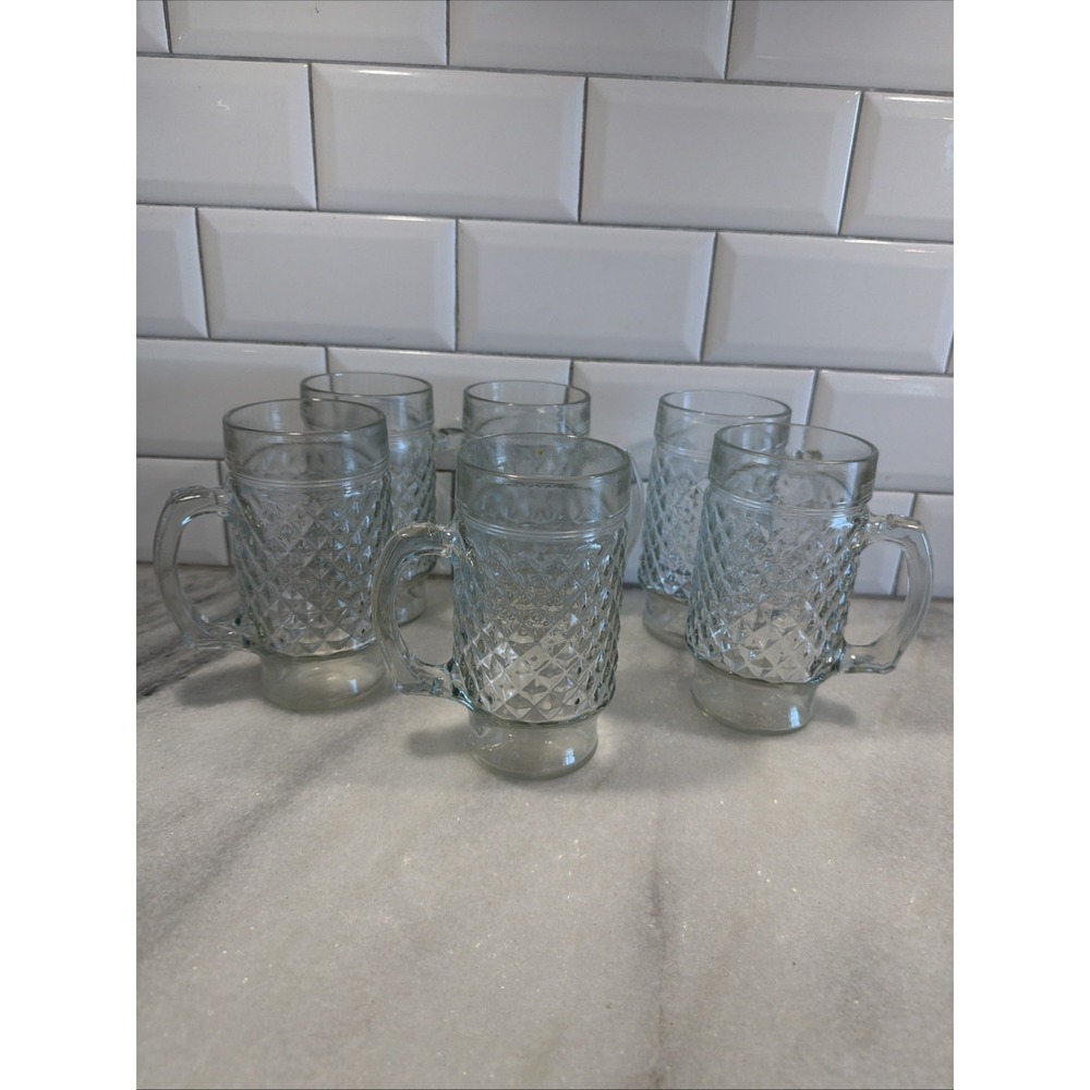 Vintage Anchor Hocking Quilted Diamond Pattern Beer Mugs Set Of 6 GW006